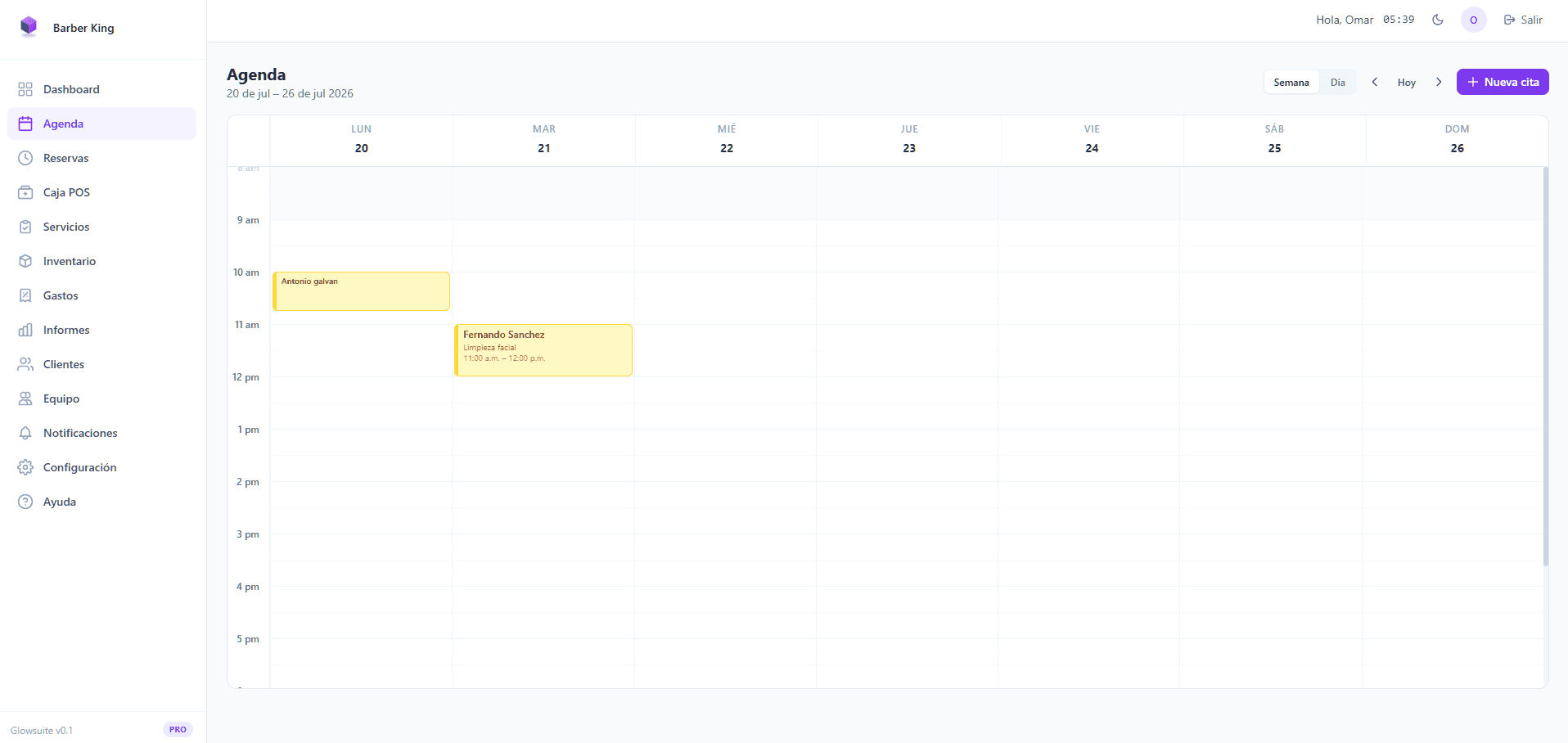 Agenda de citas de GlowSuite mostrando la vista semanal