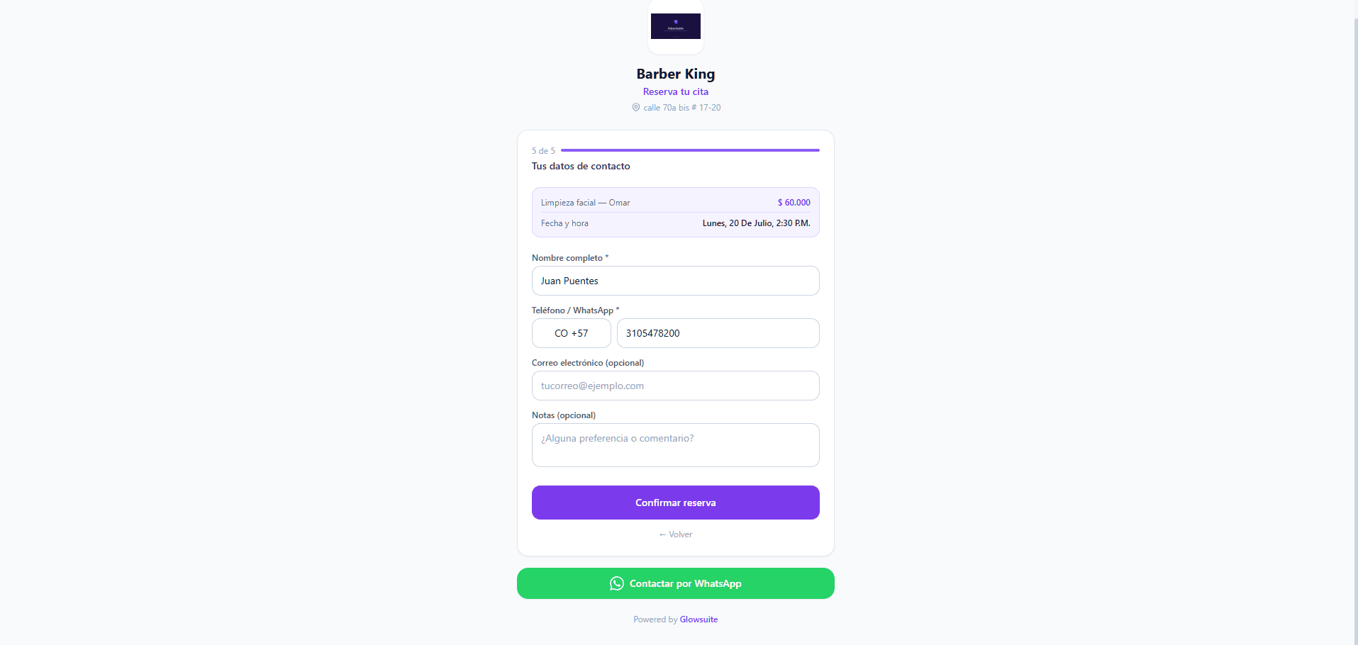 Página de reservas online de GlowSuite